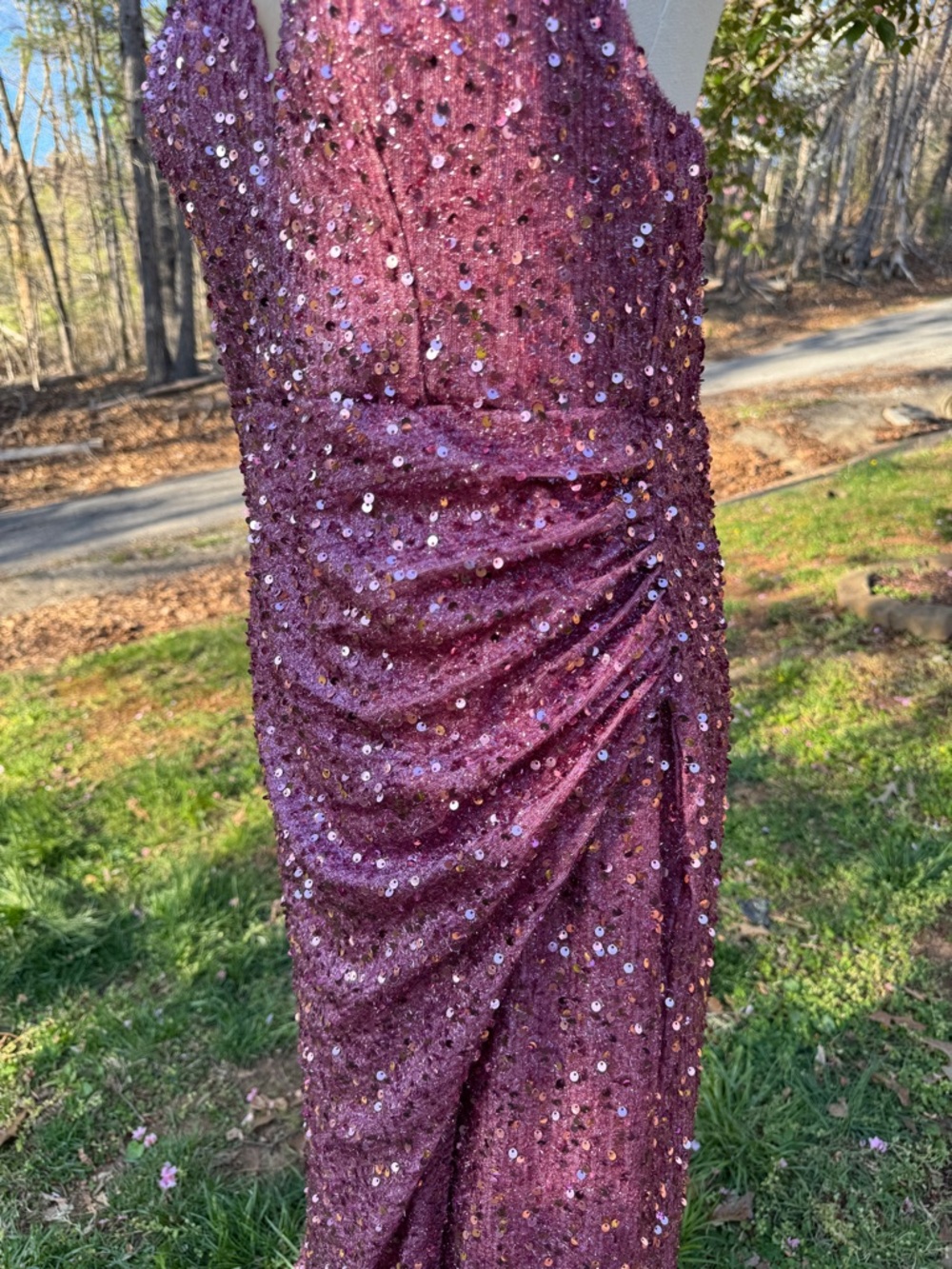 NWOT XL & XXL Plum Sequin Cruise Formal Evening Gown Stretch Slit Dress - Picture 5 of 8